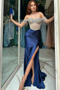 Sparkly Off the Shoulder Mermaid Satin Long Corset Prom Dress with Beading