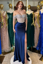 Sparkly Off the Shoulder Mermaid Satin Long Corset Prom Dress with Beading