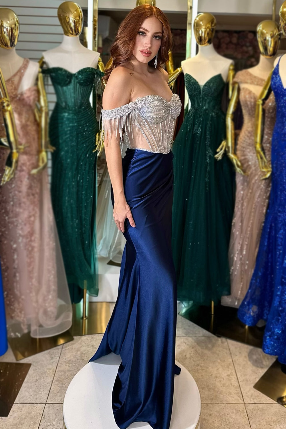 Sparkly Off the Shoulder Mermaid Satin Long Corset Prom Dress with Beading