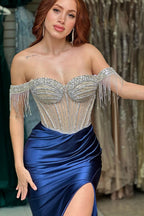 Sparkly Off the Shoulder Mermaid Satin Long Corset Prom Dress with Beading