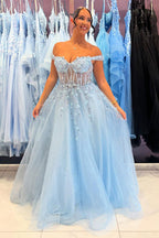 Sky Off the Shoulder A-Line Tulle Long Corset Prom Dress with Appliques
