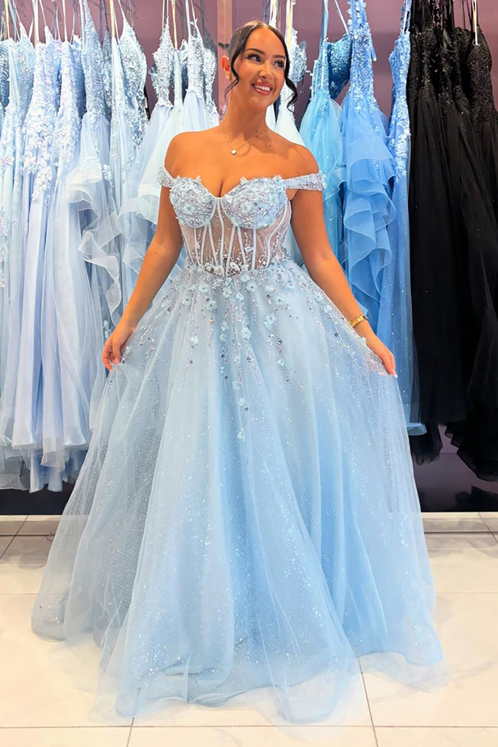 Sky Off the Shoulder A-Line Tulle Long Corset Prom Dress with Appliques
