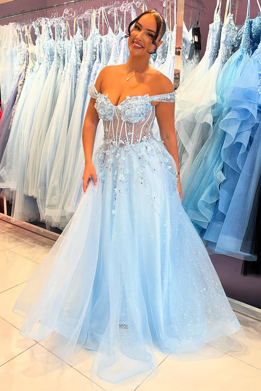 Sky Off the Shoulder A-Line Tulle Long Corset Prom Dress with Appliques