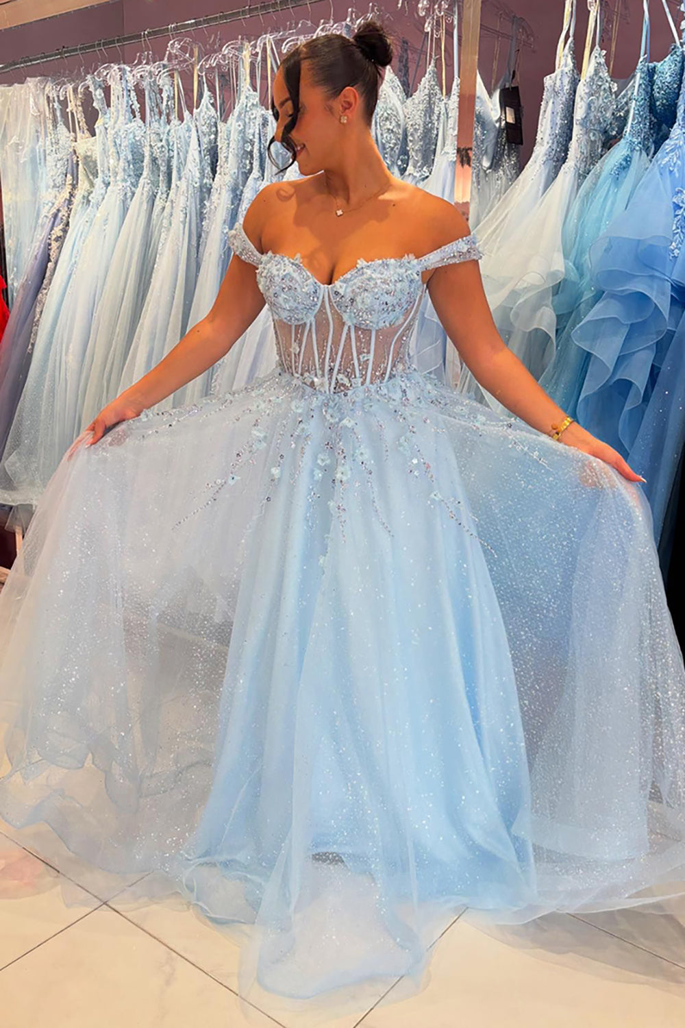 Sky Off the Shoulder A-Line Tulle Long Corset Prom Dress with Appliques