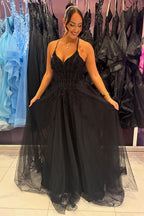Spaghetti Straps A-Line Tulle Long Corset Prom Dress with Appliques
