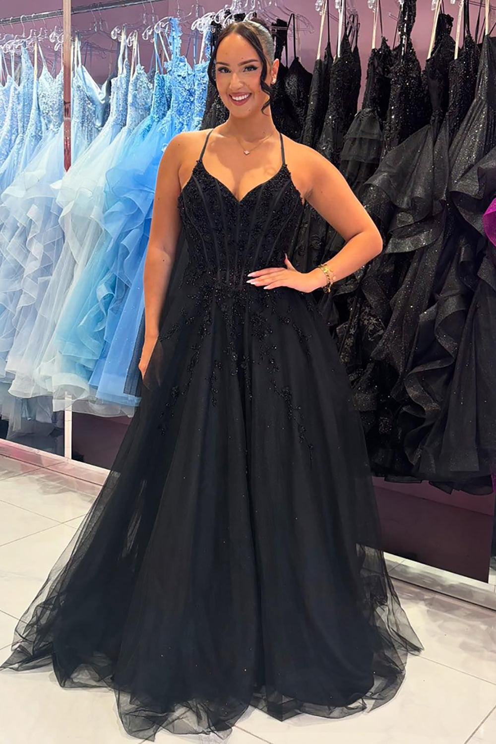 Spaghetti Straps A-Line Tulle Long Corset Prom Dress with Appliques