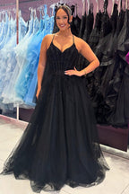 Spaghetti Straps A-Line Tulle Long Corset Prom Dress with Appliques