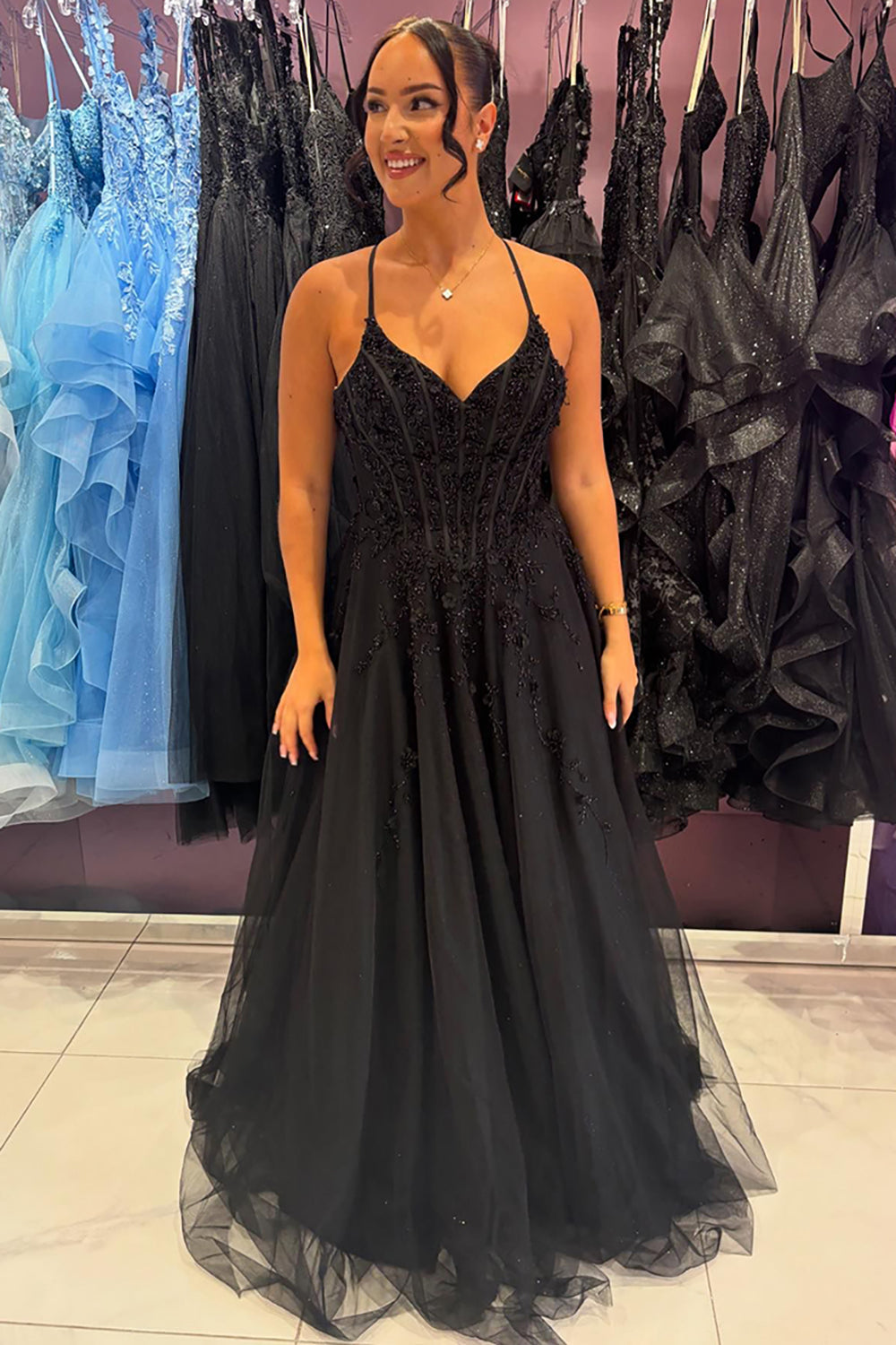 Spaghetti Straps A-Line Tulle Long Corset Prom Dress with Appliques