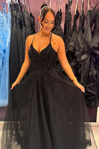 Spaghetti Straps A-Line Tulle Long Corset Prom Dress with Appliques
