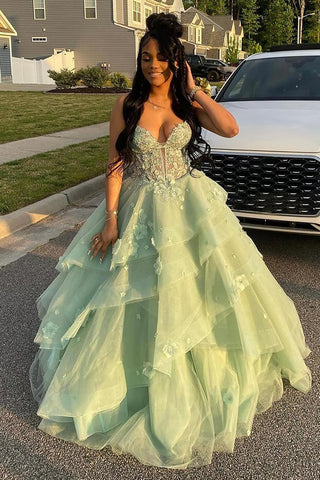 Sage Spaghetti Straps A-Line Tulle Tiered Long Corset Prom Dress with Appliques