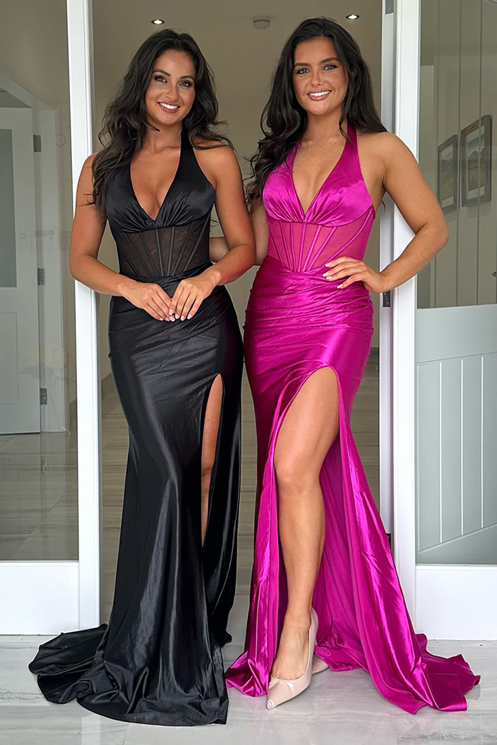 Royal Halter Neck Meramid Satin Long Corset Prom Dress with Slit