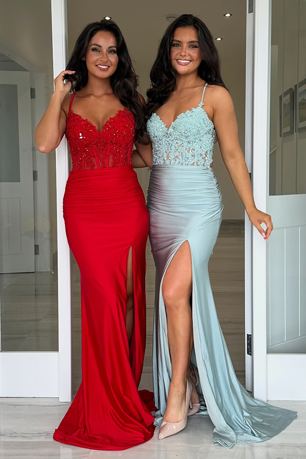 Spaghetti Straps Mermaid Long Corset Prom Dress with Beading