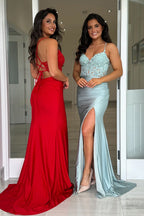 Spaghetti Straps Mermaid Long Corset Prom Dress with Beading