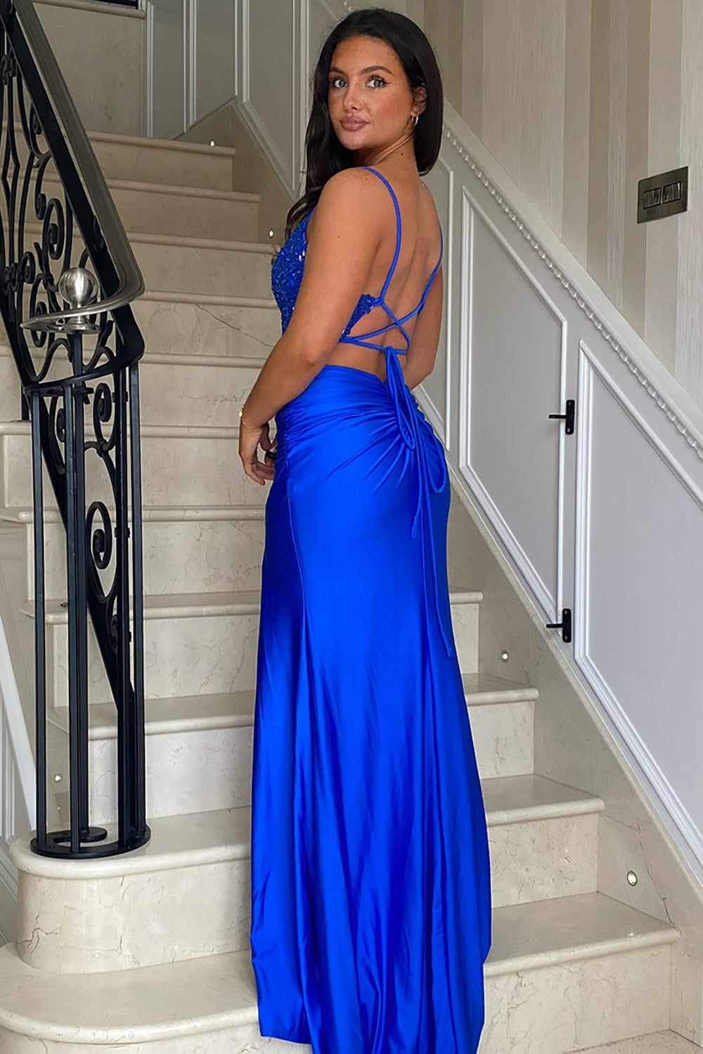 Spaghetti Straps Mermaid Long Corset Prom Dress with Beading