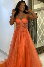 Spaghetti Straps A-Line Tulle Long Corset Prom Dress with Appliques