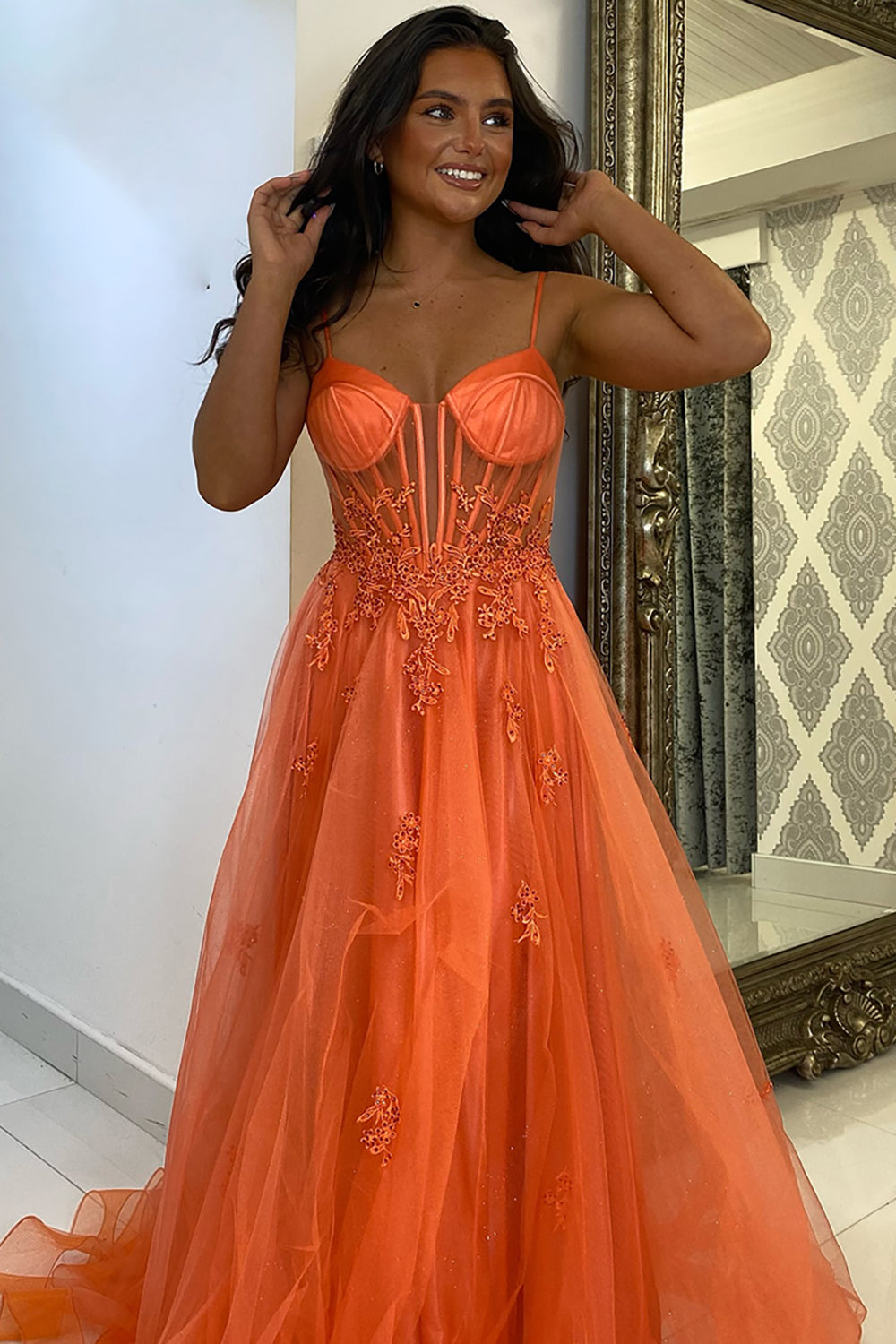 Spaghetti Straps A-Line Tulle Long Corset Prom Dress with Appliques