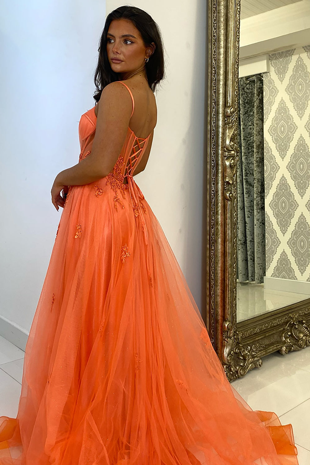 Spaghetti Straps A-Line Tulle Long Corset Prom Dress with Appliques