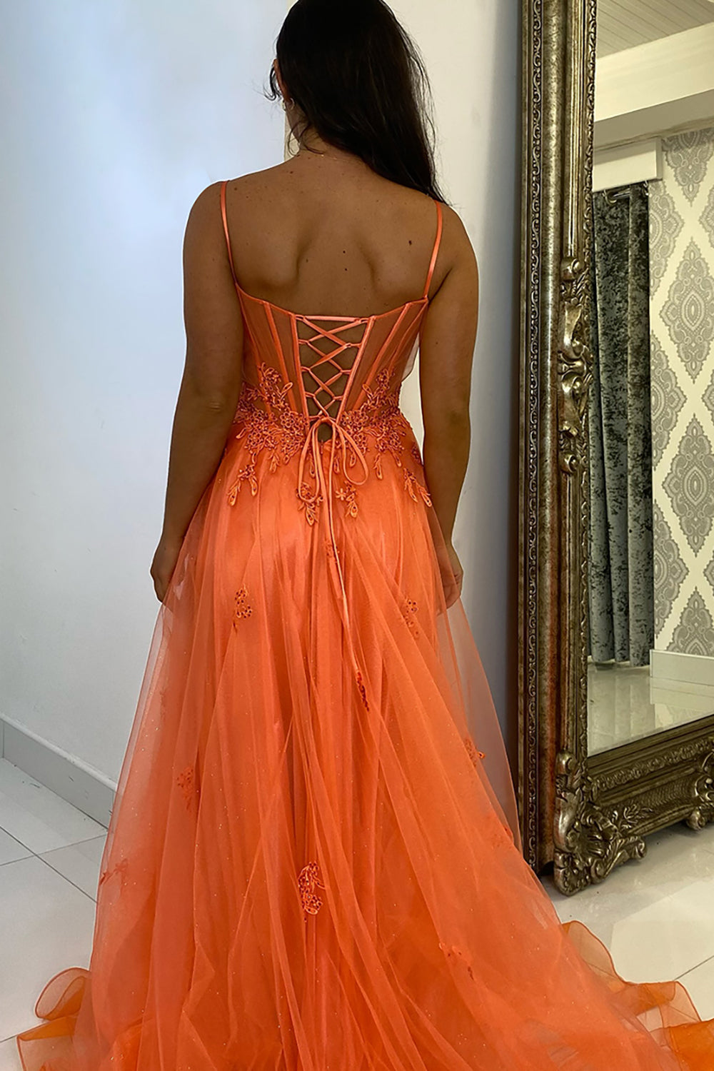 Spaghetti Straps A-Line Tulle Long Corset Prom Dress with Appliques