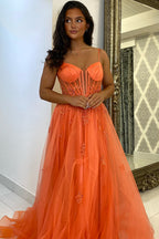 Spaghetti Straps A-Line Tulle Long Corset Prom Dress with Appliques