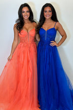 Spaghetti Straps A-Line Tulle Long Corset Prom Dress with Appliques