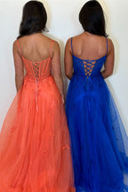 Spaghetti Straps A-Line Tulle Long Corset Prom Dress with Appliques
