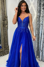 Robe de bal longue corsetée en tulle à sequins et bretelles spaghetti royales, coupe trapèze, style princesse