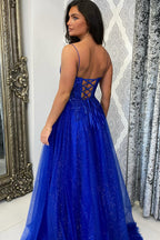 Robe de bal longue corsetée en tulle à sequins et bretelles spaghetti royales, coupe trapèze, style princesse