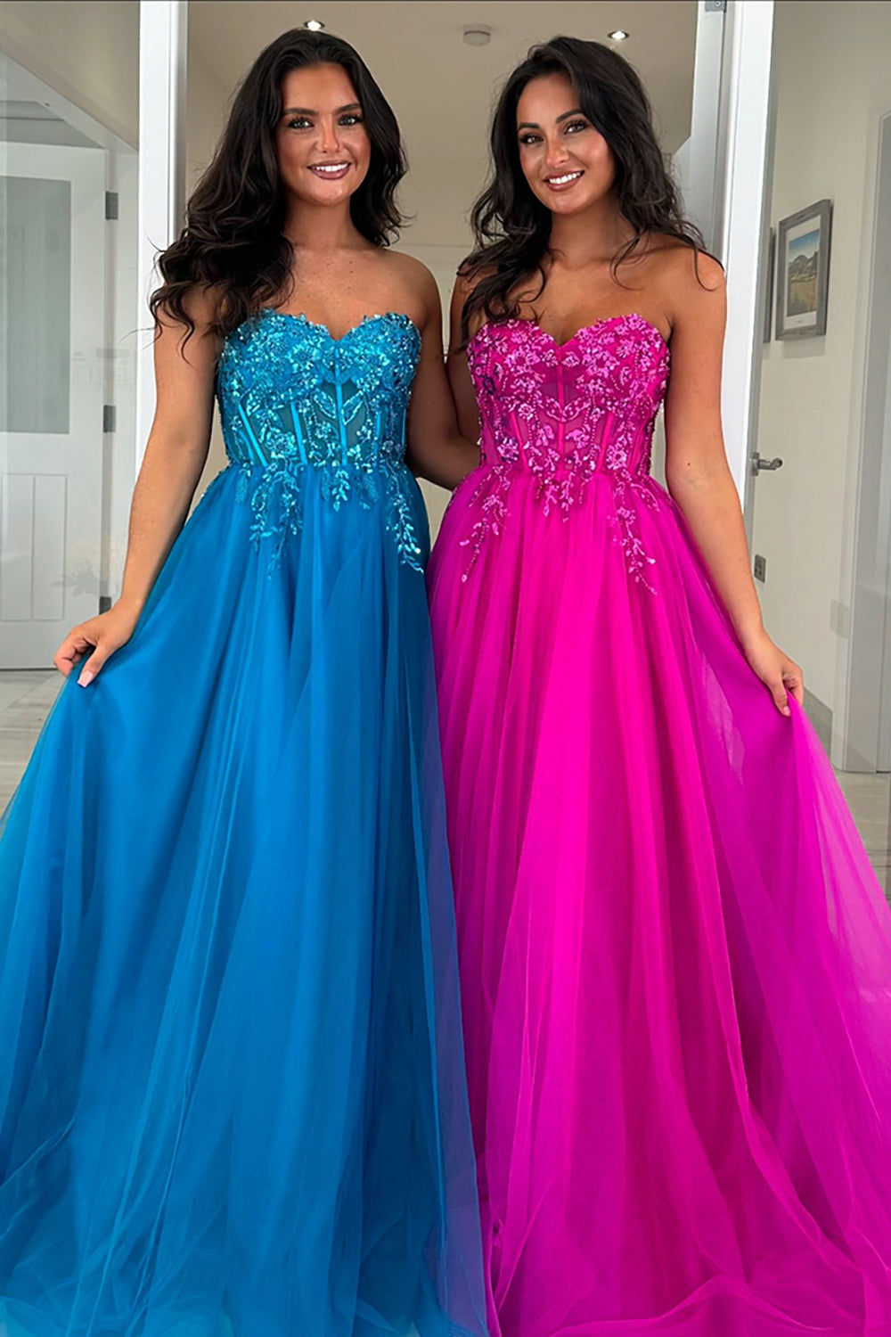 Strapless A-Line Tulle Long Corset Prom Dress with Appliques