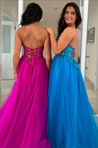 Strapless A-Line Tulle Long Corset Prom Dress with Appliques
