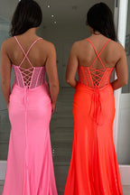 Spaghetti Straps Mermaid Satin Long Corset Prom Dress with Beading