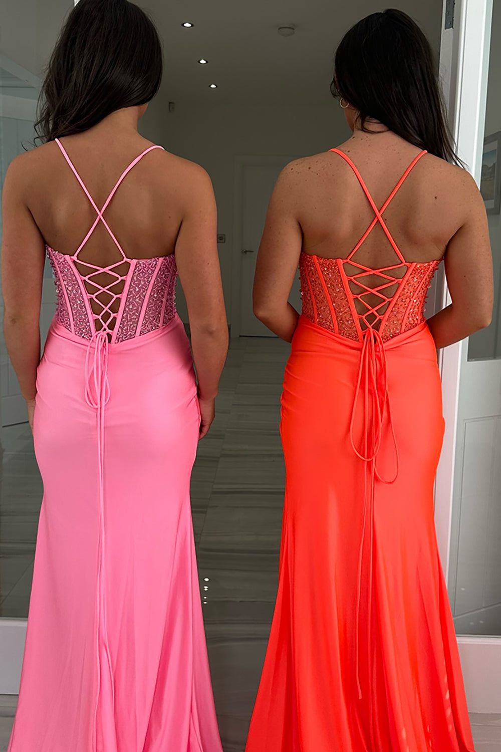 Spaghetti Straps Mermaid Satin Long Corset Prom Dress with Beading
