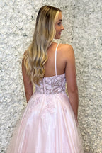 Halter Neck A-Line Tulle Long Prom Dress with Appliques