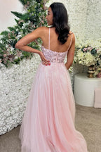 Halter Neck A-Line Tulle Long Prom Dress with Appliques