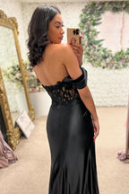 Off the Shoulder Mermaid Satin Long Corset Prom Dress with Appliques