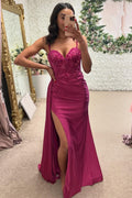 Spaghetti Straps Mermaid Satin Long Corset Prom Dress with Appliques