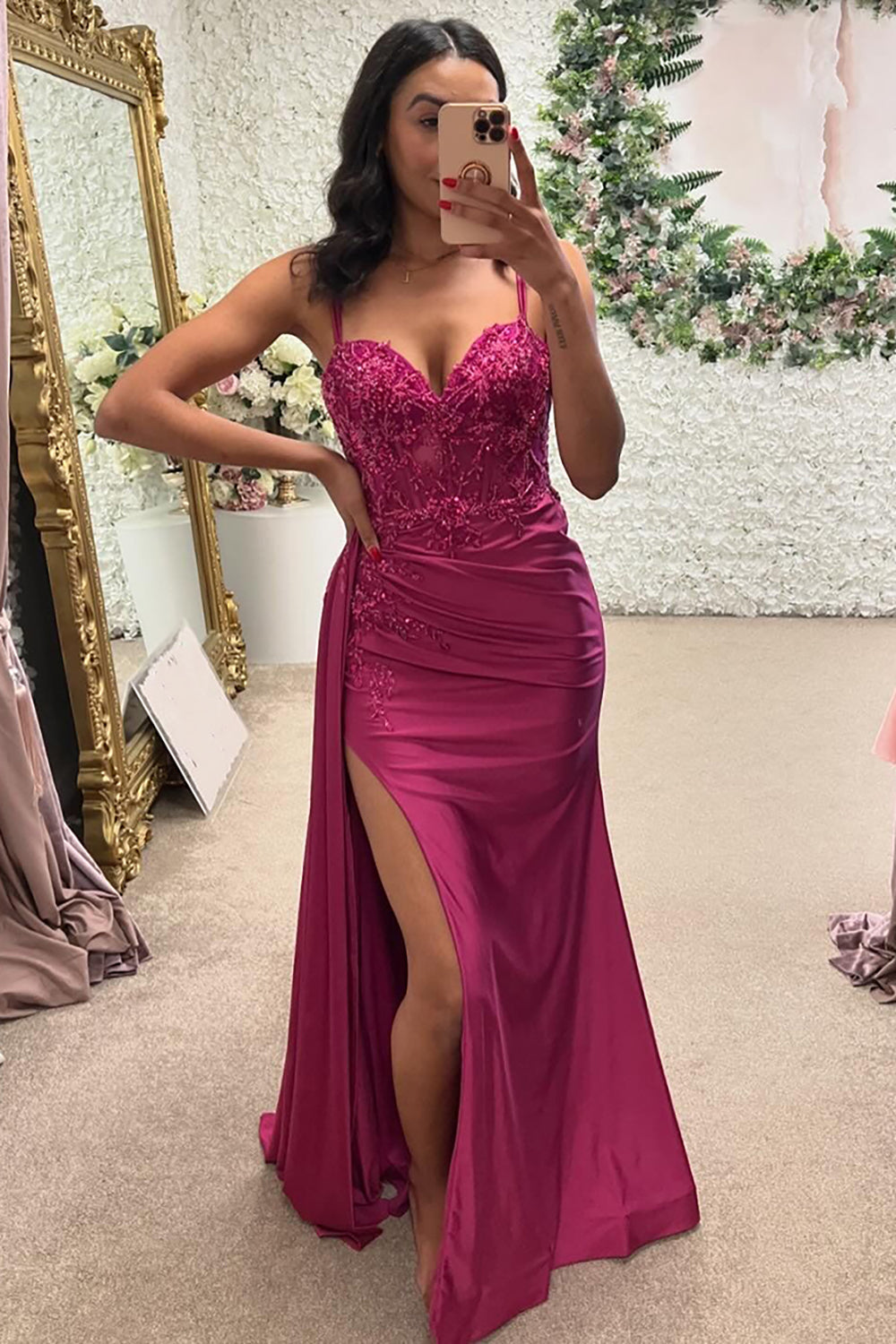 Spaghetti Straps Mermaid Satin Long Corset Prom Dress with Appliques