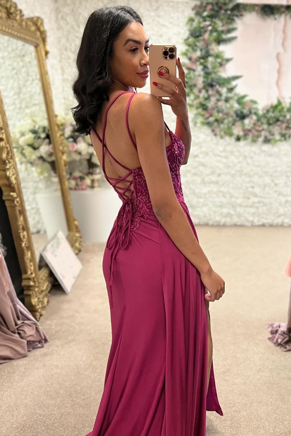 Spaghetti Straps Mermaid Satin Long Corset Prom Dress with Appliques