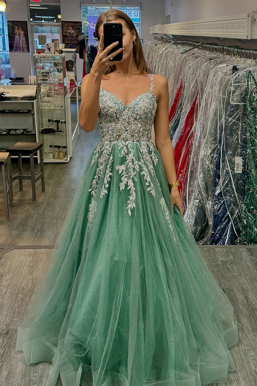 Sage Spaghetti Straps Tulle A-Line Long Corset Prom Dress with Appliques
