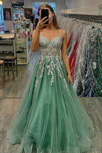 Sage Spaghetti Straps Tulle A-Line Long Corset Prom Dress with Appliques
