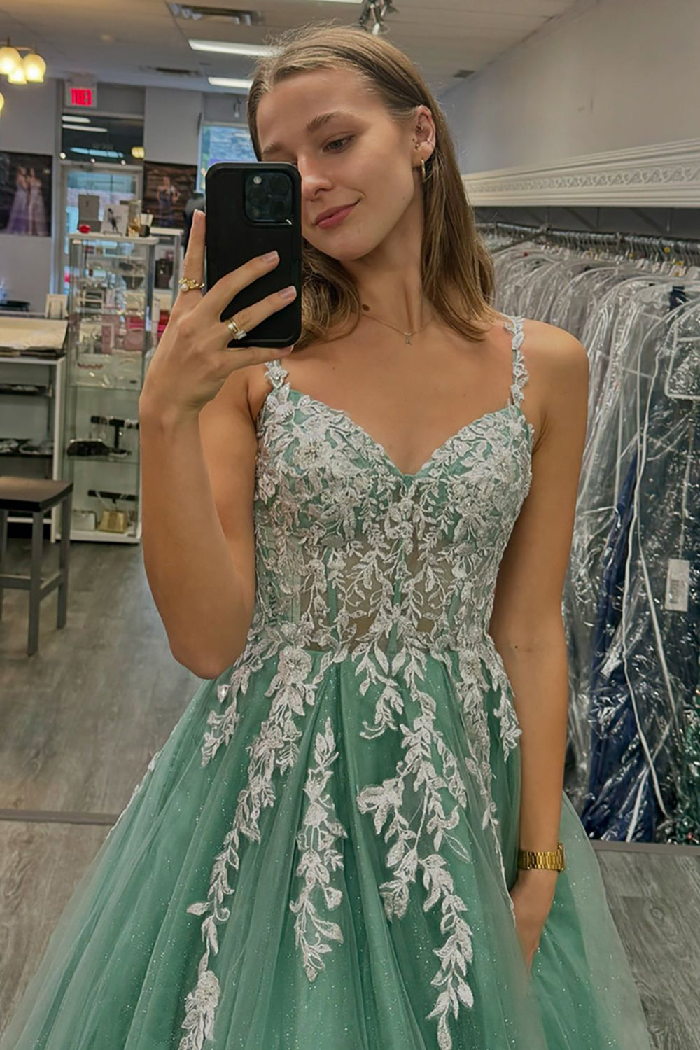 Sage Spaghetti Straps Tulle A-Line Long Corset Prom Dress with Appliques