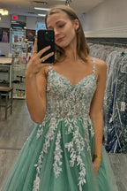 Sage Spaghetti Straps Tulle A-Line Long Corset Prom Dress with Appliques