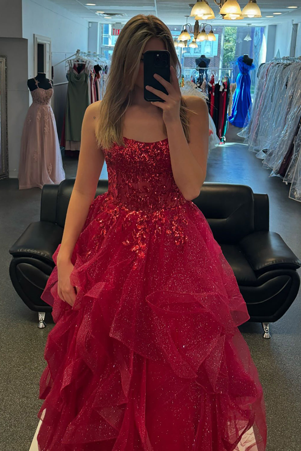Sparkly  Spaghetti Straps A-Line Long Corset Prom Dress with Appliques