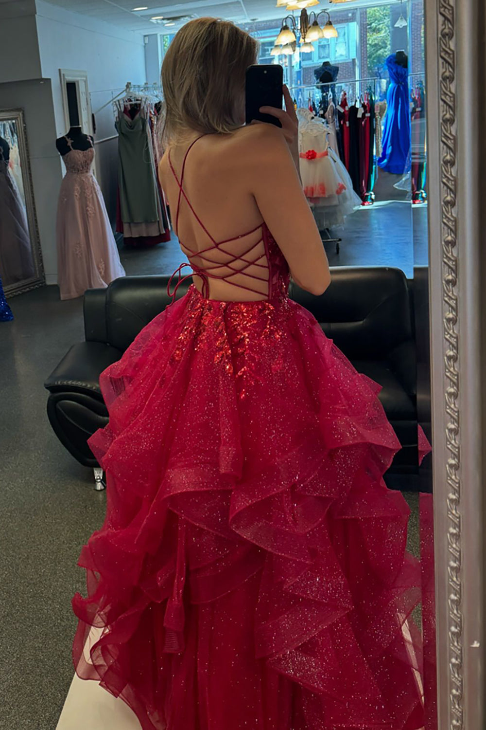 Sparkly  Spaghetti Straps A-Line Long Corset Prom Dress with Appliques