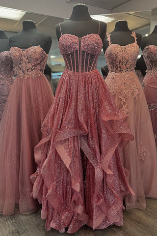 Sparkly Blue Sequins Spaghetti Straps Tulle Tiered A-Line Long Prom Dress