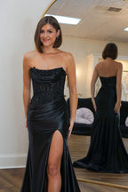 Strapless Satin Mermaid Long Corset Prom Dress with Appliques