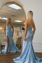Strapless Satin Mermaid Long Corset Prom Dress with Appliques