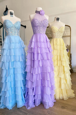 Hot Halter Neck A-Line Chiffon Ruffled Long Corset Prom Dress with Appliques