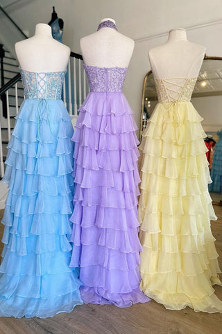 Hot Halter Neck A-Line Chiffon Ruffled Long Corset Prom Dress with Appliques
