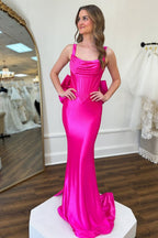 Spaghetti Straps Satin Mermaid Open Back Long Corset Prom Dress with Bow
