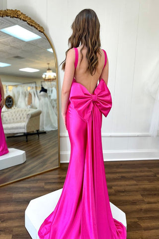 Spaghetti Straps Satin Mermaid Open Back Long Corset Prom Dress with Bow